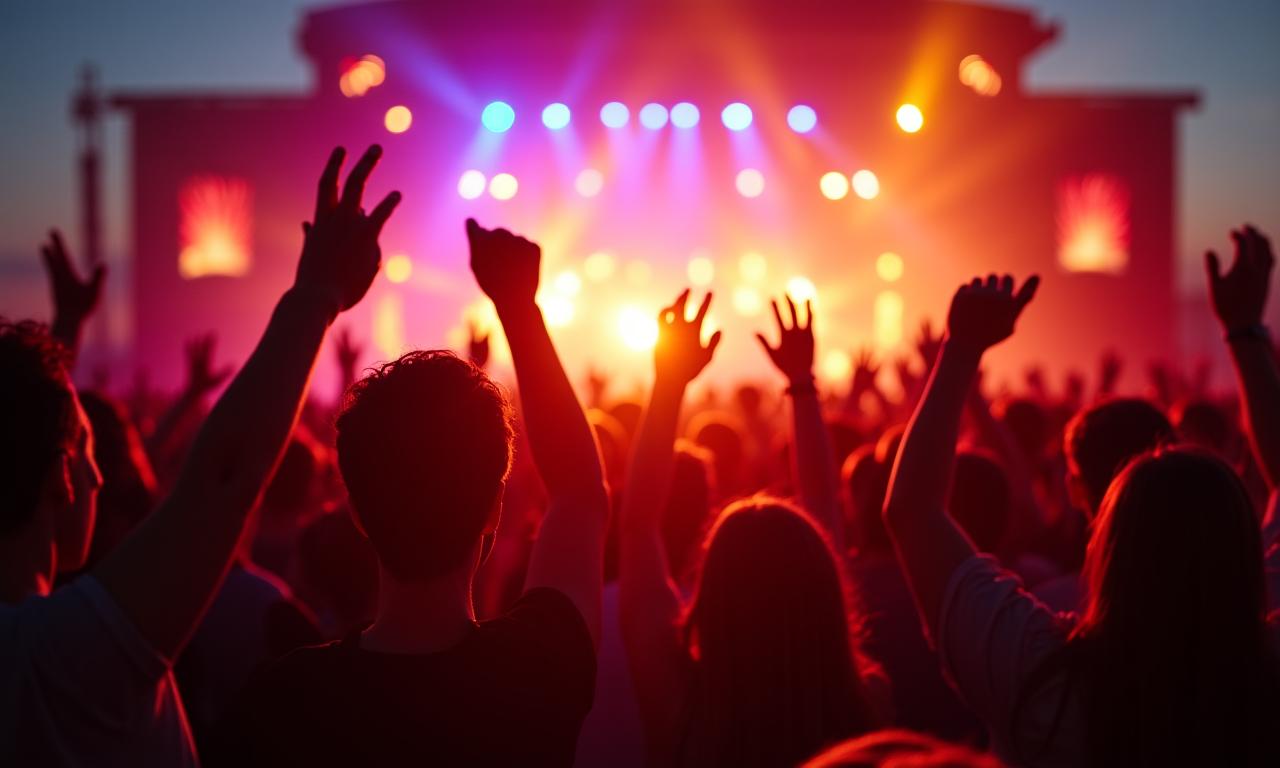 Folla entusiasta durante un concerto al tramonto in Europa